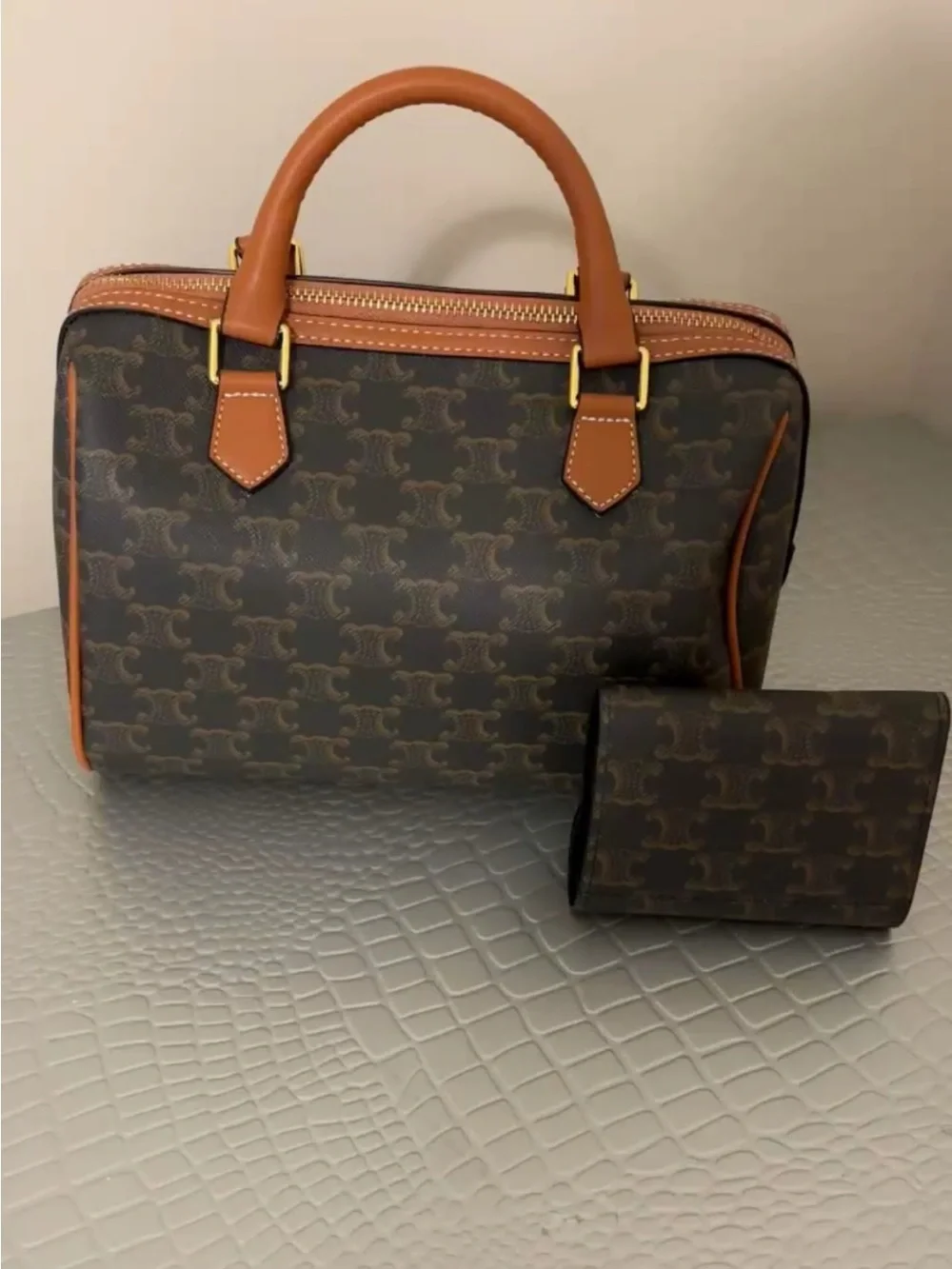Cognac Brown Patterned Leather Top-Handle Bag with Matching Wallet